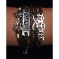 Peace , Infinity , Believe, Butterfly Vegan Leather & Wax String Multilayer Charm Bracelet - Brown