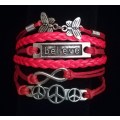 Peace , Infinity , Believe, Butterfly Vegan Leather & Wax String Multilayer Charm Bracelet - Red