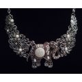 Boho Vintage Choker Style Silver Necklace with Elephant Design - White & Cream