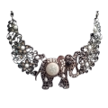 Boho Vintage Choker Style Silver Necklace with Elephant Design - White & Cream