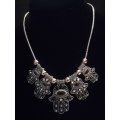 Boho Vintage Style Silver Necklace with Hamsa Design - Black and Grey
