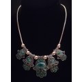 Boho Vintage Style Silver Necklace with Hamsa Design - Green