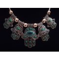 Boho Vintage Style Silver Necklace with Hamsa Design - Green