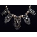 Boho Vintage Style Silver Necklace with Owl Design and Adjustable Chain - Black and Grey