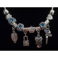 Boho Silver Charm Necklace with Fairy, Owl & Lock Charms & Adjustable Chain - Blue Rhinestone