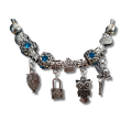 Boho Silver Charm Necklace with Fairy, Owl & Lock Charms & Adjustable Chain - Blue Rhinestone