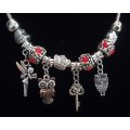 Boho Silver Charm Necklace with Fairy, Owl & Key Charms & Adjustable Chain - Red Rhinestone