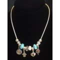 Boho Silver Charm Necklace with Angel , Clover,  Heart & Coin Charms & Adjustable Chain - Blue