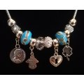 Boho Silver Charm Necklace with Angel , Clover,  Heart & Coin Charms & Adjustable Chain - Blue