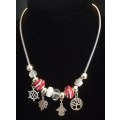 Boho Silver Charm Necklace with Angel , Tree of Life,  Leaf & Nautical Wheel Charms - Red