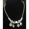 Boho Silver Charm Necklace with Angel , Clover ,  Heart & Coin Charms - Blue