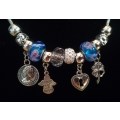 Boho Silver Charm Necklace with Angel , Clover ,  Heart & Coin Charms - Blue