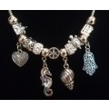 Boho Silver Charm Necklace with Hamsa , Seahorse ,  Heart & Shell Charms - White