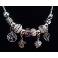 Boho Silver Charm Necklace with Tree of Life , Leaf & Angel Charms - White