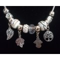 Boho Silver Charm Necklace with Tree of Life , Leaf & Angel Charms - White