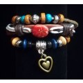 Unisex Multilayer Adjustable Beaded Leather Bracelet with Heart Charm