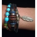 Unisex Multilayer Adjustable Beaded Leather & Wax String Bracelet with Feather Charm