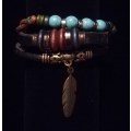 Unisex Multilayer Adjustable Beaded Leather & Wax String Bracelet with Feather Charm