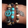 Unisex Multilayer Adjustable Beaded Leather & Wax String Bracelet with Peace & Hamsa Charm