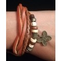 Unisex Multilayer Adjustable Beaded Leather & Wax String Bracelet with Butterfly Charm - Tan