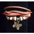 Unisex Multilayer Adjustable Beaded Leather & Wax String Bracelet with Butterfly Charm - Tan