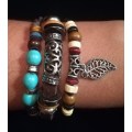 Unisex Multilayer Adjustable Beaded Leather & Wax String Bracelet with Leaf Charm