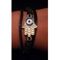 Unisex Multilayer Adjustable Leather & Wax String Bracelet  with Hamsa  - Black