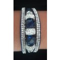 Multilayer Dark Blue Crystal Beaded & Rhinestone Vegan Leather & Suede Bracelet with Magnetic Clasp