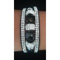 Multilayer Black Crystal Beaded & Rhinestone Vegan Leather & Suede Bracelet with Magnetic Clasp