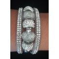 Multilayer Grey Crystal Beaded & Rhinestone Vegan Leather & Suede Bracelet with Magnetic Clasp