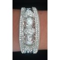 Multilayer White Crystal Beaded & Rhinestone Vegan Leather & Suede Bracelet with Magnetic Clasp