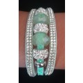 Multilayer Light Green Crystal Beaded & Rhinestone Vegan Leather & Suede Bracelet - Magnetic Clasp