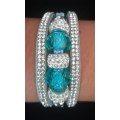 Multilayer Light Blue Crystal Beaded & Rhinestone Vegan Leather & Suede Bracelet with Magnetic Clasp