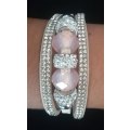 Multilayer Peach Crystal Beaded & Rhinestone Vegan Leather & Suede Bracelet with Magnetic Clasp