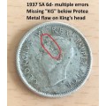 Rare multiple errors 1937 SA silver sixpense.