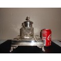Large etched silver-plated inkstand with a central cut-glass inkwell with etched hinged lid
