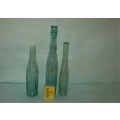 3 Soft Aqua Sweet oil and Cordial bottles with burst tops & tears