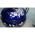 Porcelain Pedestal Lidded Bowl Cobalt Blue Floral Hand Painted Centerpiece