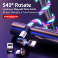 3in1 Luminous LED Magnetic Cable 3A Data Fast Charging 540 Rotatable 2m Micro,USB C,IOS Multi Colour