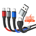 6 in 1 USB A or C to Micro USB, USB C, IOS Cable Fast Charging PD60W 1.2m Nylon Braided (Black)