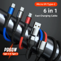 6 in 1 USB A or C to Micro USB, USB C, IOS Cable Fast Charging PD60W 1.2m Nylon Braided (Black)