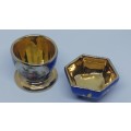 Stunning Blue and Gold ceramic romantic scene Egg cup and saltbush