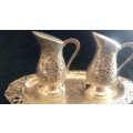 Stunning vintage embossed silverplate Dutch salt and pepper set with tray