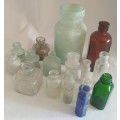 Delightful large 17 vintage ink, medicine glass bottle collection in blue and green