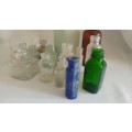Delightful large 17 vintage ink, medicine glass bottle collection in blue and green