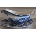 English Blue and white Johnson Bros Millstream River scene sauce boat and underplate
