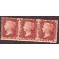 1858 peny red  plate number 195  FINE STRIP OF 3 original gum toned