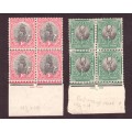 1926 UNIONof South Africa.1/2d -1d. SACC#29-30. Missing one perf. in 1/2d.Blocks of 4  MH.