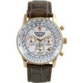 KRUG BAUMEN AIR TRAVELLER DIAMOND GOLD PLATED WHITE DIAL  BROWN STRAP - AUTHENTIC -