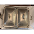 Vintage Chafing dish footed double with rectangular casserole dishes, dish base and lids included.